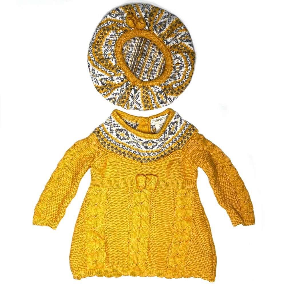Cynthia Rowley Autumn Knit Sweater Dress & Matching Beret Cotton Baby Set